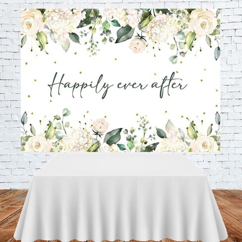 Lofaris Happily Ever After Backdrop for Wedding White Floral Green Leaves Gold Dots Photography Background Bridal Shower Wedding Party Decorations Banner Photo Props 7x5ft in Saudi Arabia