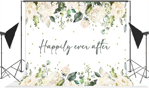 Lofaris Happily Ever After Backdrop for Wedding White Floral Green Leaves Gold Dots Photography Background Bridal Shower Wedding Party Decorations Banner Photo Props 7x5ft in Saudi Arabia