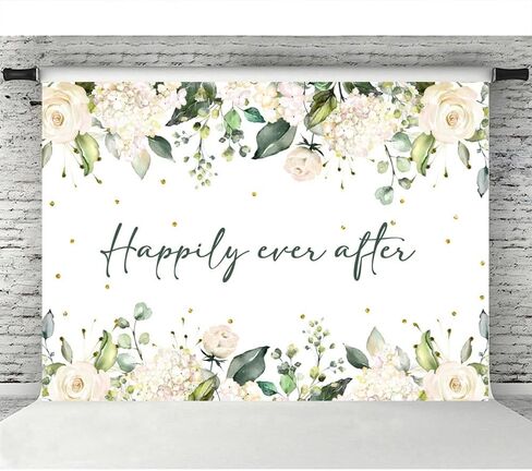 Lofaris Happily Ever After Backdrop for Wedding White Floral Green Leaves Gold Dots Photography Background Bridal Shower Wedding Party Decorations Banner Photo Props 7x5ft in Saudi Arabia