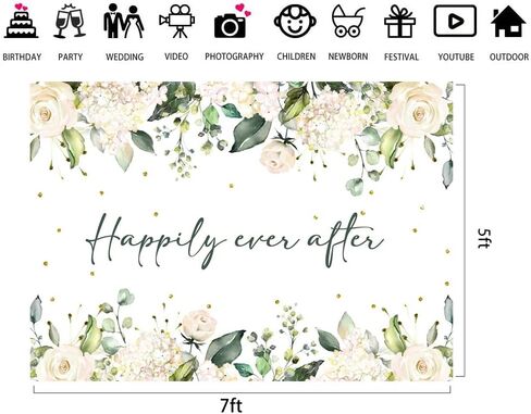 Lofaris Happily Ever After Backdrop for Wedding White Floral Green Leaves Gold Dots Photography Background Bridal Shower Wedding Party Decorations Banner Photo Props 7x5ft in Saudi Arabia