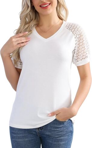 Women's T Shirts Classic V Neck Lace Short Sleeve Tops Loose Casual Tee Solid Color Blouse Lightweight and Basic in Saudi Arabia
