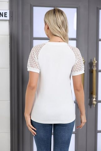 Women's T Shirts Classic V Neck Lace Short Sleeve Tops Loose Casual Tee Solid Color Blouse Lightweight and Basic in Saudi Arabia