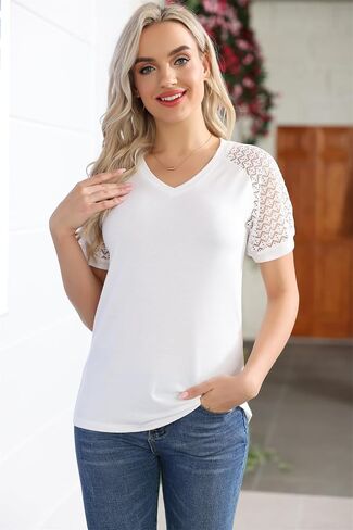 Women's T Shirts Classic V Neck Lace Short Sleeve Tops Loose Casual Tee Solid Color Blouse Lightweight and Basic in Saudi Arabia