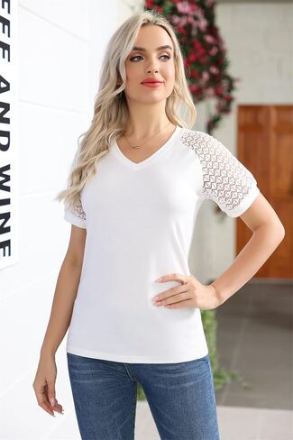 Women's T Shirts Classic V Neck Lace Short Sleeve Tops Loose Casual Tee Solid Color Blouse Lightweight and Basic in Saudi Arabia