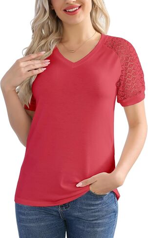 Women's T Shirts Classic V Neck Lace Short Sleeve Tops Loose Casual Tee Solid Color Blouse Lightweight and Basic in Saudi Arabia