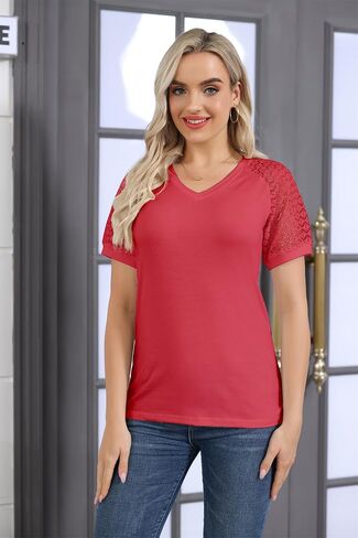 Women's T Shirts Classic V Neck Lace Short Sleeve Tops Loose Casual Tee Solid Color Blouse Lightweight and Basic in Saudi Arabia