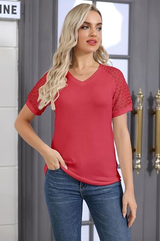 Women's T Shirts Classic V Neck Lace Short Sleeve Tops Loose Casual Tee Solid Color Blouse Lightweight and Basic in Saudi Arabia