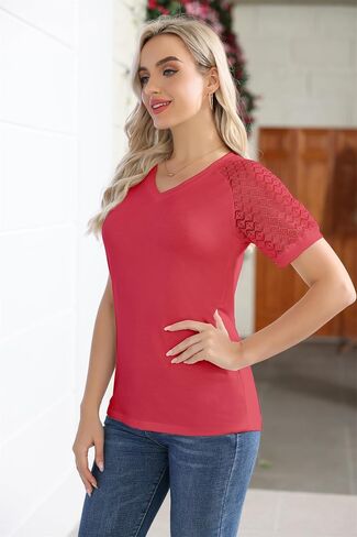 Women's T Shirts Classic V Neck Lace Short Sleeve Tops Loose Casual Tee Solid Color Blouse Lightweight and Basic in Saudi Arabia