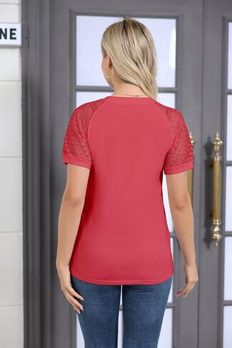 Women's T Shirts Classic V Neck Lace Short Sleeve Tops Loose Casual Tee Solid Color Blouse Lightweight and Basic in Saudi Arabia