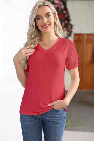 Women's T Shirts Classic V Neck Lace Short Sleeve Tops Loose Casual Tee Solid Color Blouse Lightweight and Basic in Saudi Arabia
