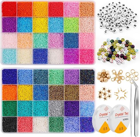 35000Pcs Glass Seed Beads, 2mm 48 Colors 12/0 Beads for Jewelry Making Kit, Small Glass Bead Craft Set 200Pcs Alphabet Beads and 60Pcs Smiley Beads for Bracelets Earrings Ring Necklaces Making in Saudi Arabia