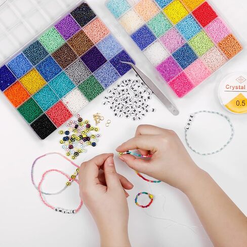 35000Pcs Glass Seed Beads, 2mm 48 Colors 12/0 Beads for Jewelry Making Kit, Small Glass Bead Craft Set 200Pcs Alphabet Beads and 60Pcs Smiley Beads for Bracelets Earrings Ring Necklaces Making in Saudi Arabia