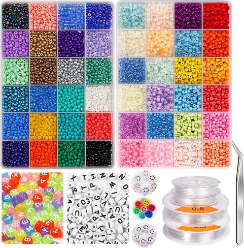 35000Pcs Glass Seed Beads, 2mm 48 Colors 12/0 Beads for Jewelry Making Kit, Small Glass Bead Craft Set 200Pcs Alphabet Beads and 60Pcs Smiley Beads for Bracelets Earrings Ring Necklaces Making in Saudi Arabia