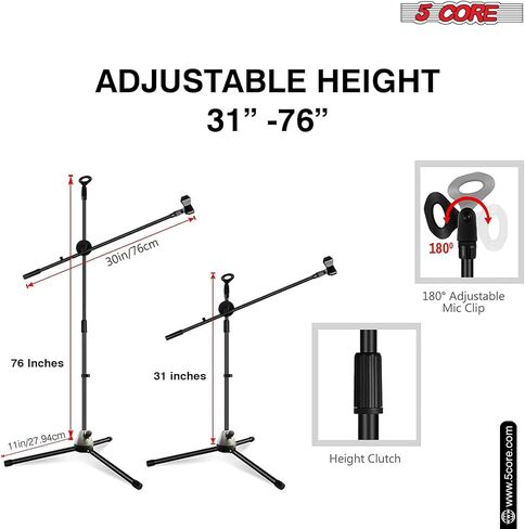 5 كور ترايبود حامل الميكروفون 4pcs قابلة للتعديل 31 إلى 76 بوصة حامل الذراع حامل الميكروفون 360 درجة الدوران + ميكروفون مزدوج - MS DBL 4pcs in Kuwait