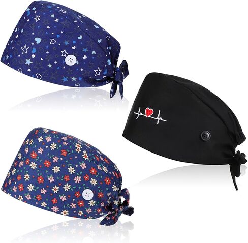 3 Pcs Working Caps Nurse Scrub Hats with Buttons Sweatband Adjustable Elastic Bandage Tie Hats for Women Men Dentist in Saudi Arabia