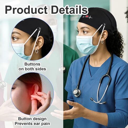 3 Pcs Working Caps Nurse Scrub Hats with Buttons Sweatband Adjustable Elastic Bandage Tie Hats for Women Men Dentist in Saudi Arabia