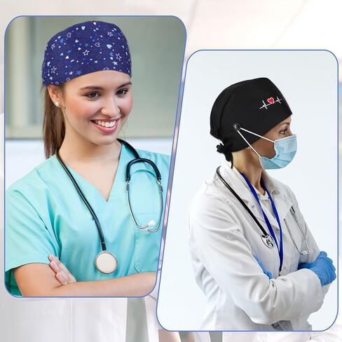 3 Pcs Working Caps Nurse Scrub Hats with Buttons Sweatband Adjustable Elastic Bandage Tie Hats for Women Men Dentist in Saudi Arabia