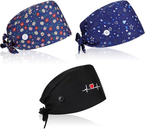 3 Pcs Working Caps Nurse Scrub Hats with Buttons Sweatband Adjustable Elastic Bandage Tie Hats for Women Men Dentist in Saudi Arabia