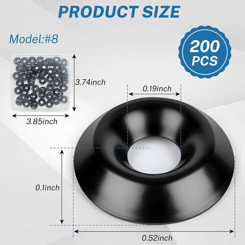 200 Qty #8/#10 Countersunk 304 Stainless Steel Washers for Screws and Bolts,Silver/Black Metal Cup Washer Set for Fastening (Black, #8-200) in Kuwait