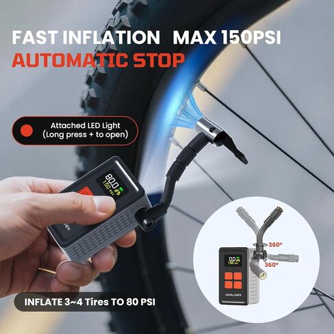 Mini Bike Tire Pump (150PSI Fast Inflation with Guage) (Presta and Schrader Valve) Portable Electric Air Pump for Road and Mountain Bicycle, E-Bike, Motorcycle, Sports Ball in Saudi Arabia