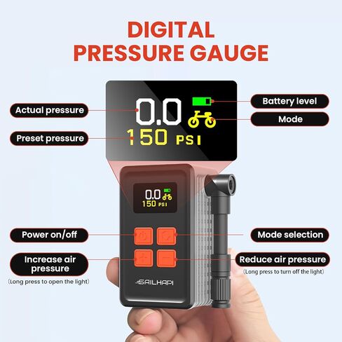 Mini Bike Tire Pump (150PSI Fast Inflation with Guage) (Presta and Schrader Valve) Portable Electric Air Pump for Road and Mountain Bicycle, E-Bike, Motorcycle, Sports Ball in Saudi Arabia