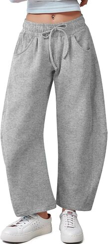 Kissonic Womens Barrel Leg Sweatpants Elastic Waist Drawstring Wide Leg Pants Baggy Lounge Pants with Pockets(Black-XL) in Saudi Arabia