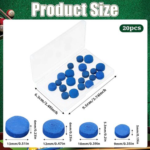 20 Pieces Billiard Pool Cue Tips, 13/12/10/9mm, Pool Stick Replacement Tips with Storage Box for Pools Cues and Snooker, Blue, Leather in Saudi Arabia