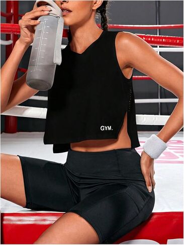 OYOANGLE Women's Side Cut-Outs Workout Sleeveless Tank Top Crew Neck Split Hem Shirts Gym Yoga Running in Saudi Arabia