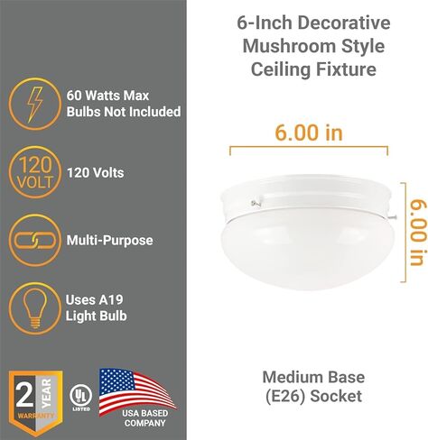 Diodesy- 6 بوصة سقف سقف الإضاءة الإضاءة E26 Socket A19 لمبة (60 واط كحد أقصى ، غير مدرجة) الظل الزجاجي البيضاء دحلية التصميم الحديث للمطبخ حمام غرفة نوم الممر. in Kuwait