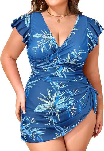Plus Size Swim Suits for Women One Piece Bathing Suit Modest Swim Dress Tummy Control V Neck Ruffle Swimwear in Kuwait