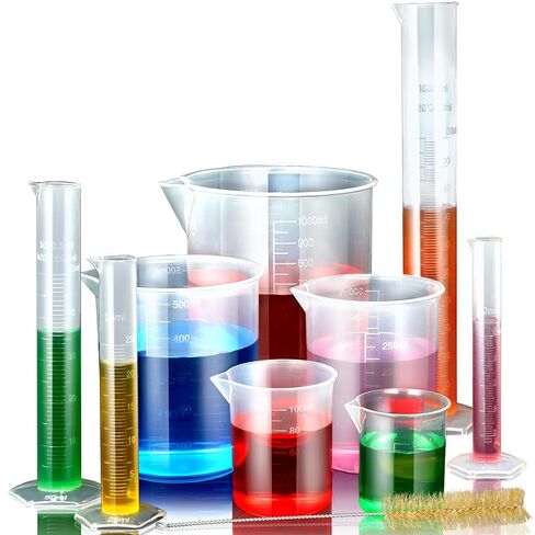 Plastic Graduated Cylinder and Plastic Beakers Set - Beakers 50ml 100ml 250ml 500ml 1000ml, Graduated Cylinder 10ml 25ml 50ml 100ml, Ideal for Home and School Science Lab in Saudi Arabia