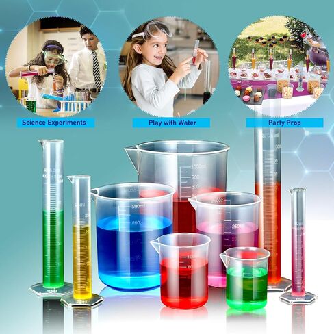Plastic Graduated Cylinder and Plastic Beakers Set - Beakers 50ml 100ml 250ml 500ml 1000ml, Graduated Cylinder 10ml 25ml 50ml 100ml, Ideal for Home and School Science Lab in Saudi Arabia