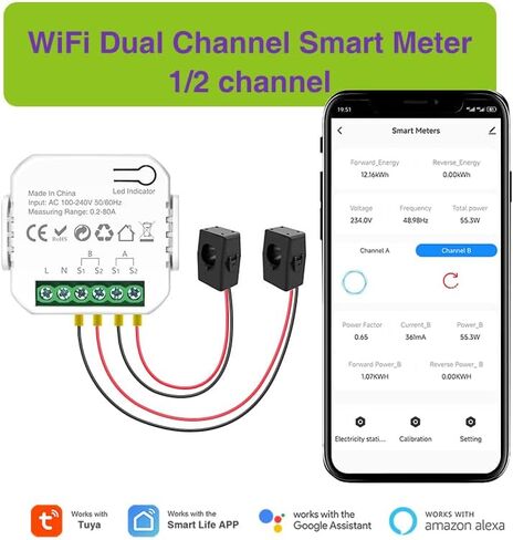 Phovolt Tuya App Smart Sebody/WiFi Energy Meter في اتجاهين ، مستشعر CHROPT Clamp Sensor KWH كمية الطاقة فولتميتر (2Way) in Kuwait