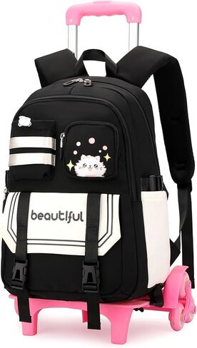 Cat Print Rolling Backpack for Girls Kids Backpack with Wheels Roller Bookbag Trolley School Bag Wheeled Bag Pink in Kuwait