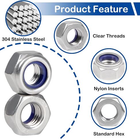 15Pcs M10 x 1.5mm Lock Nuts Nylon Insert Hex Locknuts Self-Lock Nylock Nut 304 Stainless Steel 18-8 DIN985 Hex Drive Plain Finish for Industrial Construction Fasteners in Saudi Arabia