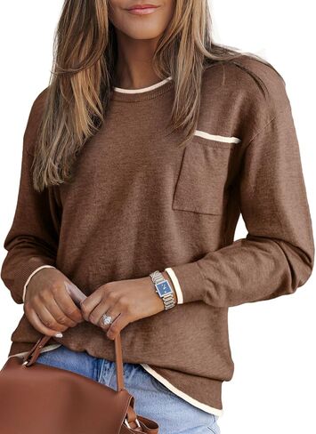 Dokotoo Womens Sweaters Casual Crewneck Long Sleeve Pullover Sweater Jumper Tops with Chest Pocket in Saudi Arabia