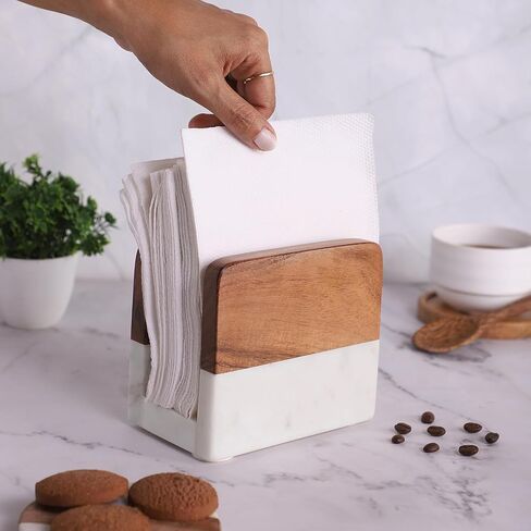 Marble & Acacia Wood Napkin Holder – Modern Upright Paper Napkin Holder for Kitchen Table, Heavy Base Sturdy Tabletop Accessory, Perfect Farmhouse Kitchen Decor Gift in Saudi Arabia