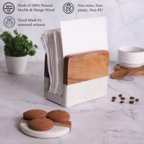 Marble & Acacia Wood Napkin Holder – Modern Upright Paper Napkin Holder for Kitchen Table, Heavy Base Sturdy Tabletop Accessory, Perfect Farmhouse Kitchen Decor Gift in Saudi Arabia