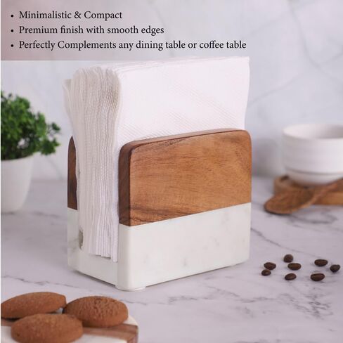 Marble & Acacia Wood Napkin Holder – Modern Upright Paper Napkin Holder for Kitchen Table, Heavy Base Sturdy Tabletop Accessory, Perfect Farmhouse Kitchen Decor Gift in Saudi Arabia