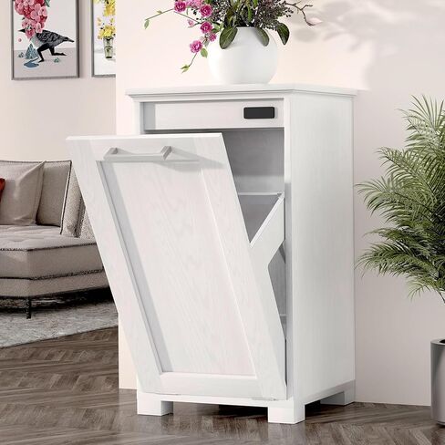 Wooden Tilt Out Trash Cabinet, Hidden Trash Can Cabinet 10 Gallon Garbage Cabinet for Kitchen, Living Room & Bathroom White Finish in Saudi Arabia