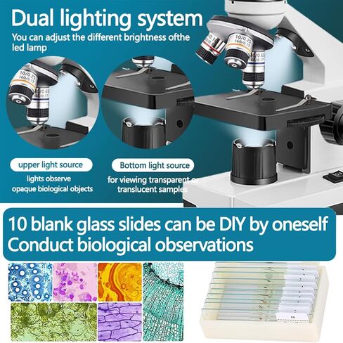 Microscope Kit for Students Back to School LED Monocular Student Compound Microscope Suitable for Beginners Portable Easy to Operate, Upper and Lower Light Sources, 100-1000x Magnification Powerful in Saudi Arabia