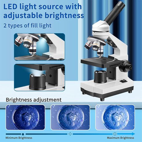 Microscope Kit for Students Back to School LED Monocular Student Compound Microscope Suitable for Beginners Portable Easy to Operate, Upper and Lower Light Sources, 100-1000x Magnification Powerful in Saudi Arabia