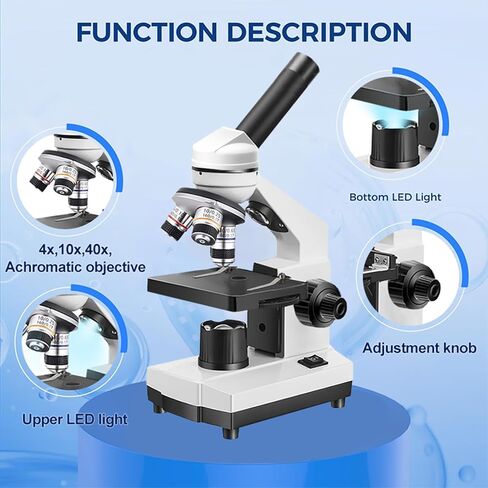 Microscope Kit for Students Back to School LED Monocular Student Compound Microscope Suitable for Beginners Portable Easy to Operate, Upper and Lower Light Sources, 100-1000x Magnification Powerful in Saudi Arabia