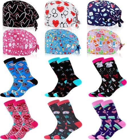 Nurse Dental Scrub Caps and Sock Set for Women Gifts, 6 Pcs Nursing Hat with Button and 6 Pair Dentist Socks in Saudi Arabia