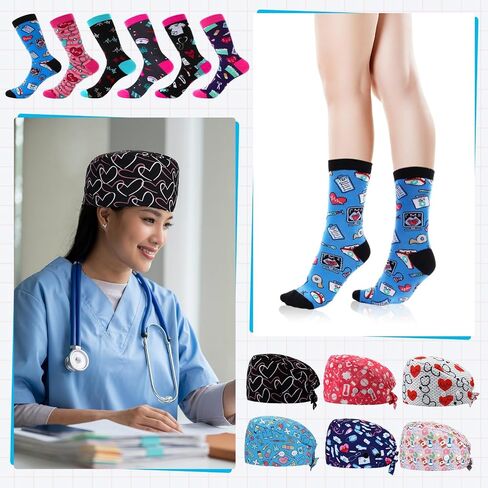 Nurse Dental Scrub Caps and Sock Set for Women Gifts, 6 Pcs Nursing Hat with Button and 6 Pair Dentist Socks in Saudi Arabia