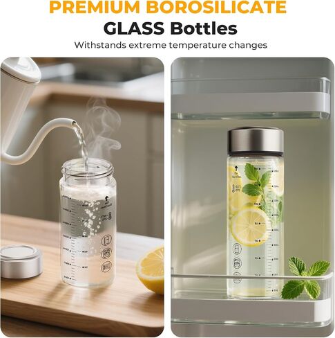 Sursip Glass Juice Bottles 6 Pack 12 oz – Wide Mouth Borosilicate Glass Bottles with Lids – Heat-Resistant, Leakproof, BPA Free, Reusable for Juicing, Smoothies, Milk, Protein Drinks, Water in Kuwait