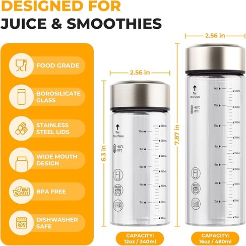 Sursip Glass Juice Bottles 6 Pack 12 oz – Wide Mouth Borosilicate Glass Bottles with Lids – Heat-Resistant, Leakproof, BPA Free, Reusable for Juicing, Smoothies, Milk, Protein Drinks, Water in Kuwait