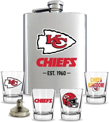 NFL Kansas City Chiefs Flask and Shot Glass Gift Set, Silver Stainless Steel, 8oz Flask with Four 2oz Glasses, EST 1960 Team Logo in Saudi Arabia