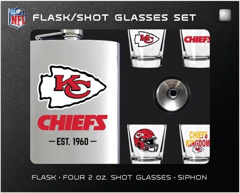 NFL Kansas City Chiefs Flask and Shot Glass Gift Set, Silver Stainless Steel, 8oz Flask with Four 2oz Glasses, EST 1960 Team Logo in Saudi Arabia