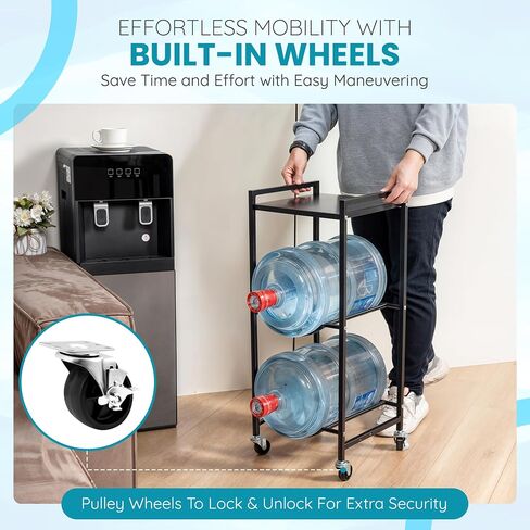 EXOTIC Heavy Duty 5 Gallon Water Jug Holder – 3 Tier 5 Gallon Water Jug Stand with Wheels, Rust-Proof 5 Gallon Water Stand with Top Shelf for Home, Kitchen, Office (Black) in Saudi Arabia